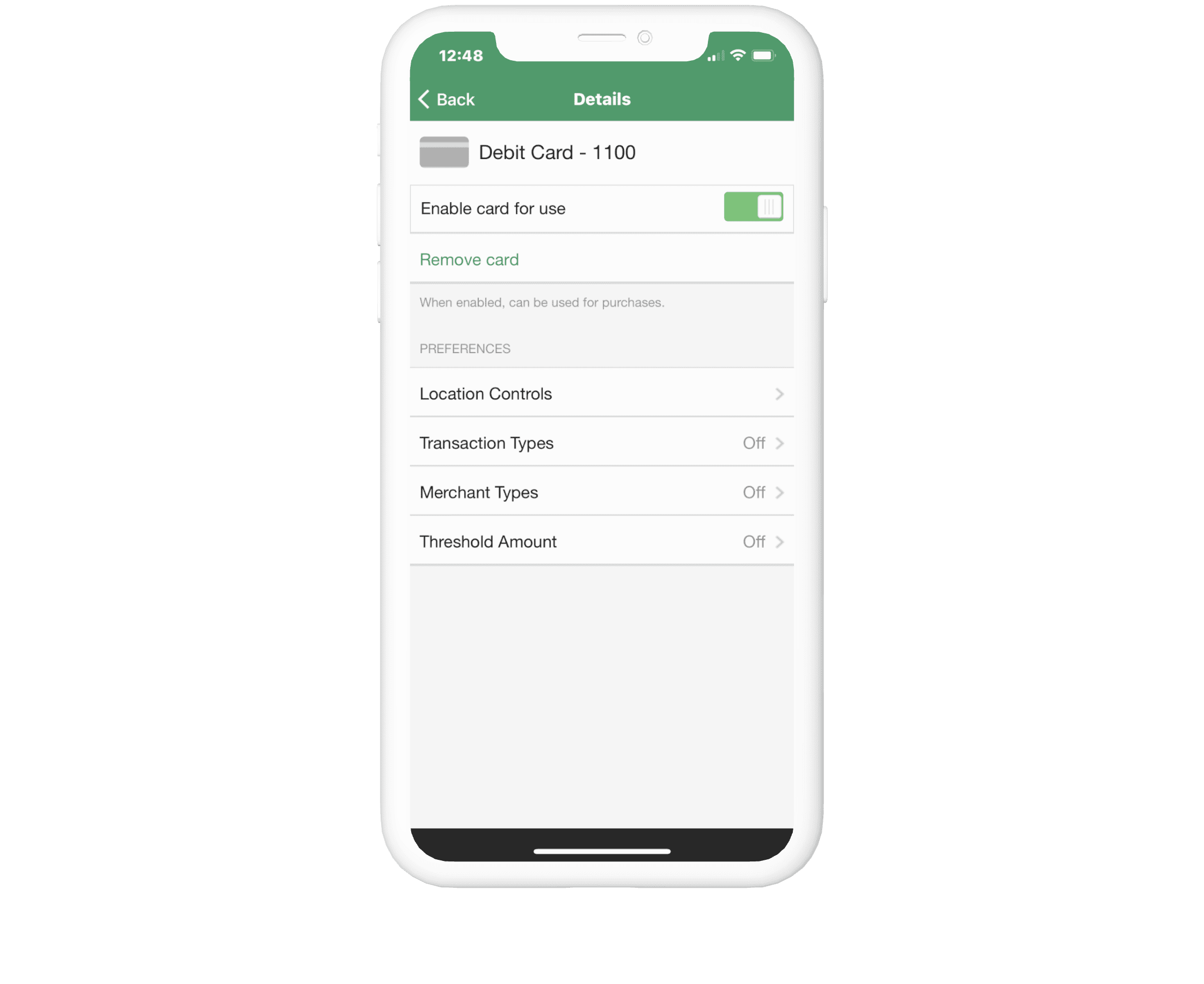 Mobile Screen View of Card Controls